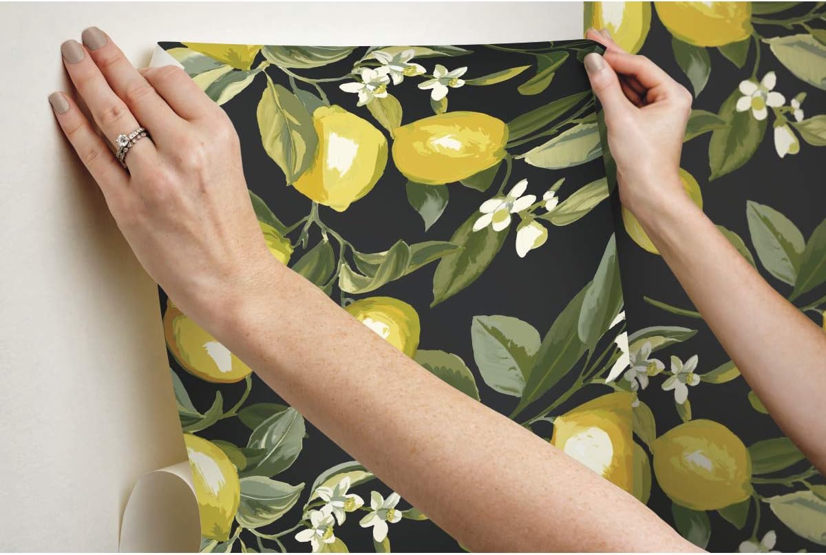 Lemon Zest Yellow and Teal Peel and Stick Wallpaper, Vinyl, 20.5-in x 16.5-ft, Made in USA