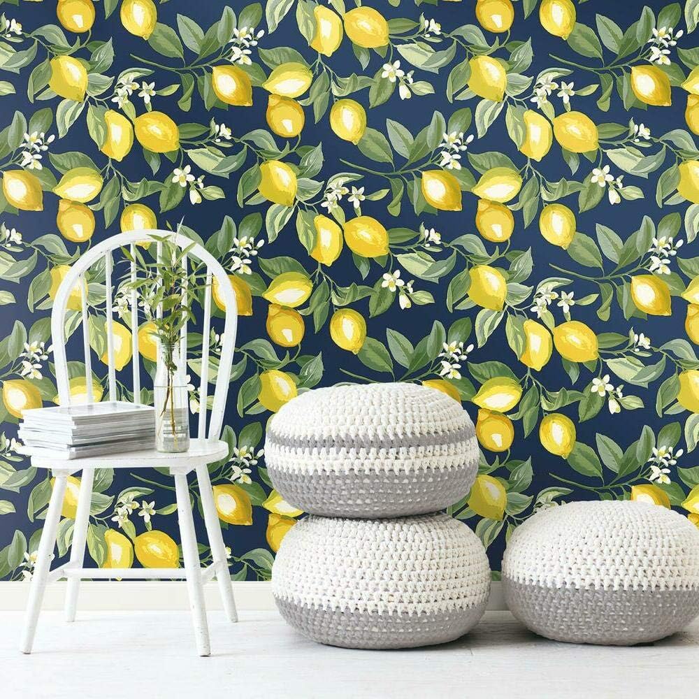 Lemon Zest Yellow and Teal Peel and Stick Wallpaper, Vinyl, 20.5-in x 16.5-ft, Made in USA