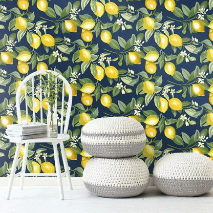 Lemon Zest Yellow and Teal Peel and Stick Wallpaper, Vinyl, 20.5-in x 16.5-ft, Made in USA