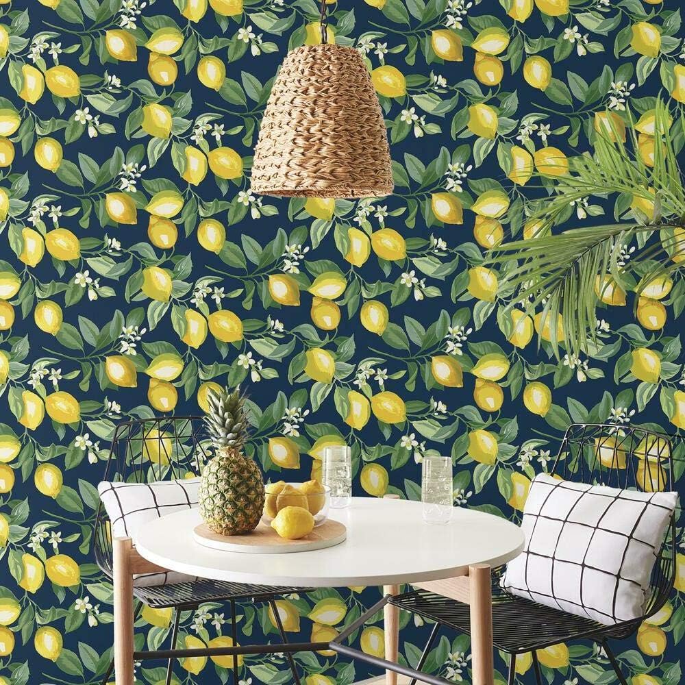 Lemon Zest Yellow and Teal Peel and Stick Wallpaper, Vinyl, 20.5-in x 16.5-ft, Made in USA