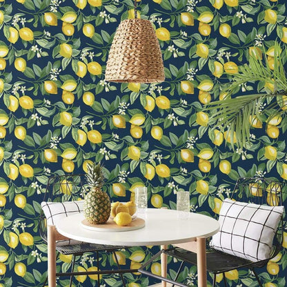 Lemon Zest Yellow and Teal Peel and Stick Wallpaper, Vinyl, 20.5-in x 16.5-ft, Made in USA