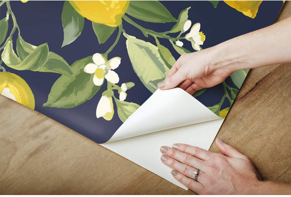 Lemon Zest Yellow and Teal Peel and Stick Wallpaper, Vinyl, 20.5-in x 16.5-ft, Made in USA