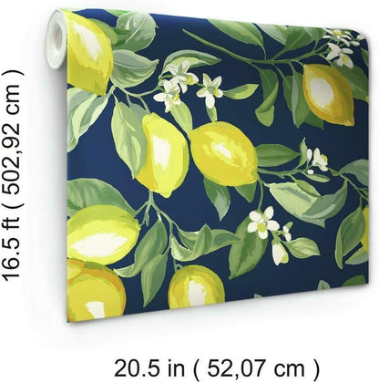 Lemon Zest Yellow and Teal Peel and Stick Wallpaper, Vinyl, 20.5-in x 16.5-ft, Made in USA