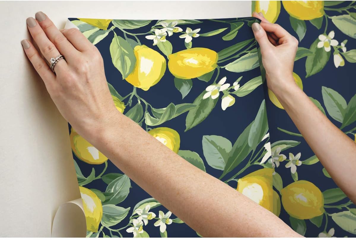 Lemon Zest Yellow and Teal Peel and Stick Wallpaper, Vinyl, 20.5-in x 16.5-ft, Made in USA