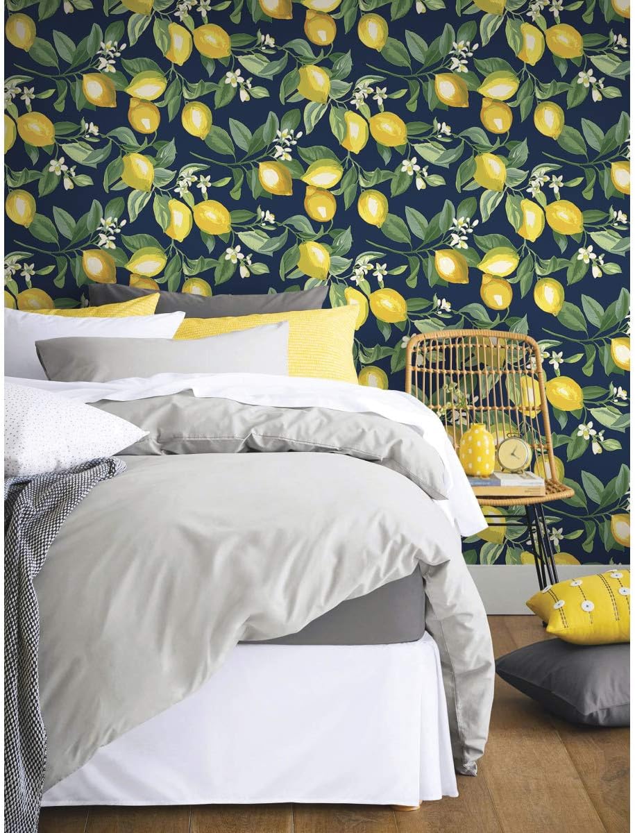 Lemon Zest Yellow and Teal Peel and Stick Wallpaper, Vinyl, 20.5-in x 16.5-ft, Made in USA