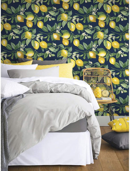 Lemon Zest Yellow and Teal Peel and Stick Wallpaper, Vinyl, 20.5-in x 16.5-ft, Made in USA