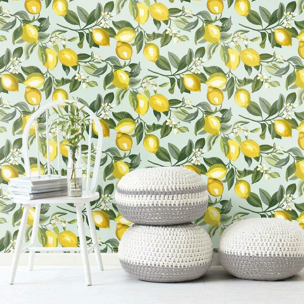 Lemon Zest Yellow and Teal Peel and Stick Wallpaper, Vinyl, 20.5-in x 16.5-ft, Made in USA