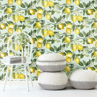 Lemon Zest Yellow and Teal Peel and Stick Wallpaper, Vinyl, 20.5-in x 16.5-ft, Made in USA