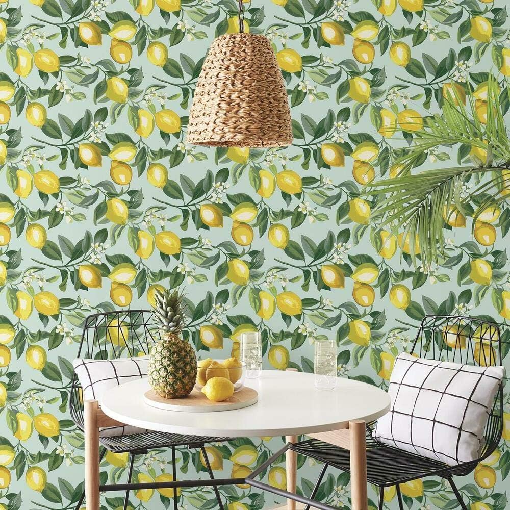 Lemon Zest Yellow and Teal Peel and Stick Wallpaper, Vinyl, 20.5-in x 16.5-ft, Made in USA