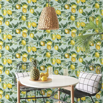 Lemon Zest Yellow and Teal Peel and Stick Wallpaper, Vinyl, 20.5-in x 16.5-ft, Made in USA