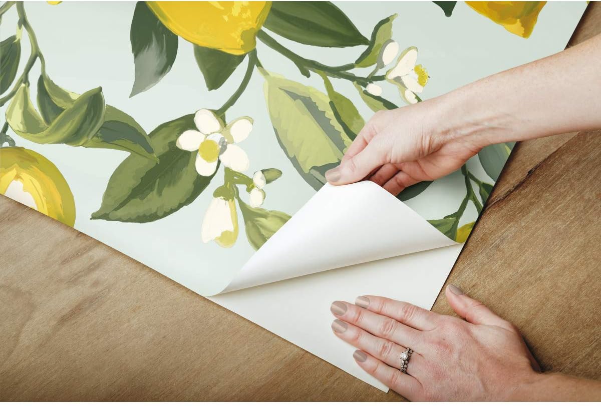 Lemon Zest Yellow and Teal Peel and Stick Wallpaper, Vinyl, 20.5-in x 16.5-ft, Made in USA