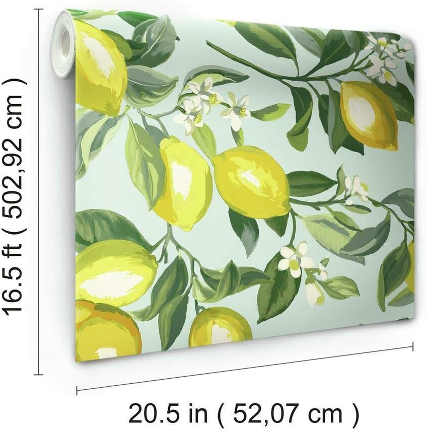 Lemon Zest Yellow and Teal Peel and Stick Wallpaper, Vinyl, 20.5-in x 16.5-ft, Made in USA