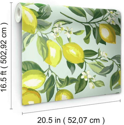 Lemon Zest Yellow and Teal Peel and Stick Wallpaper, Vinyl, 20.5-in x 16.5-ft, Made in USA
