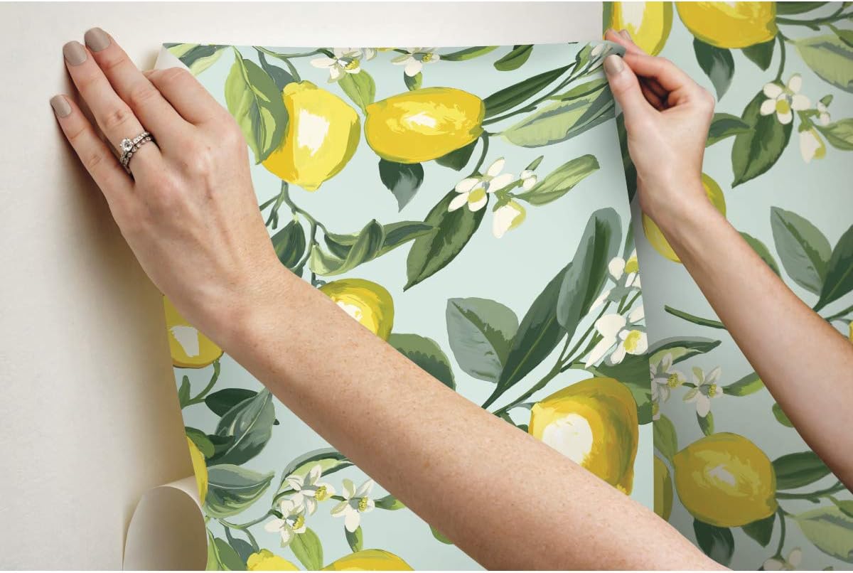 Lemon Zest Yellow and Teal Peel and Stick Wallpaper, Vinyl, 20.5-in x 16.5-ft, Made in USA