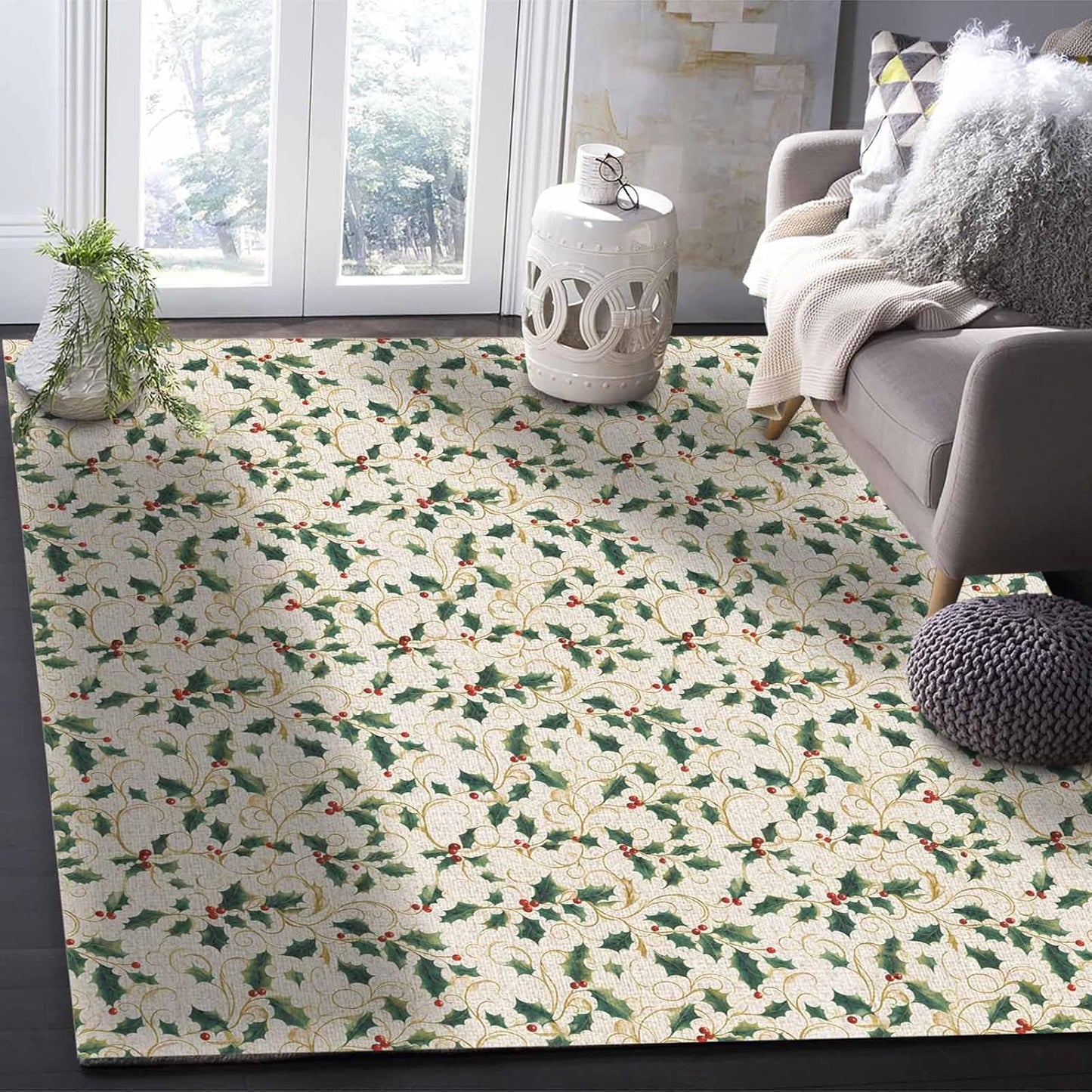 Christmas Green Yellow Berry Area Rug for Living Room 2.7x5 Modern Rug Washable Abstract Area Rug Large Non Slip Winter Botanical Xmas Plants Beige Floor Carpet Mat Soft Indoor Rug for Bedroom Nursery