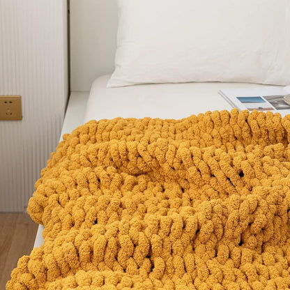 Soft Chunky Knit Blanket, Handmade Knitted Blanket, Thick Warm Cable Knit Blanket Throw for Sofa Bed Armchair Garden and More,Yellow,80x100cm