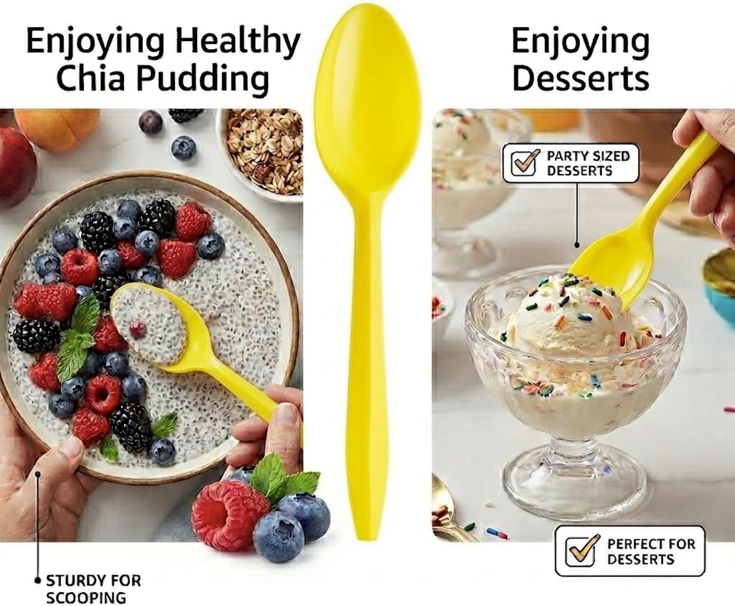 Plastic Teaspoons, Yellow Spoons, 50-Pack | Medium Heavyweight, Disposable, For Ice Cream, Frozen Yogurt, Gelato, Party Supplies