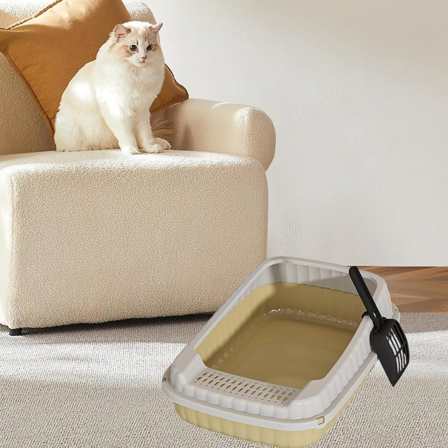 Cat Litter Tray Semi Enclosed Litter Box Open Top Portable Toilette Sand Box Container PP Material Detachable Suitable for Indoor Cats Small Pets, Light Yellow