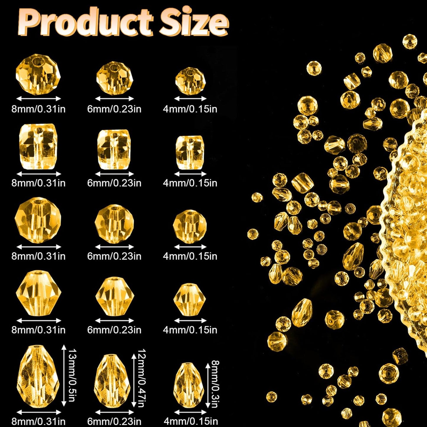 Crystal Beads, 600 Pcs Assorted Glass Beads for Jewelry Making, Rondelle Beads with Container Box, Bulk for DIY Necklace Bracelet Earring (4/6/8mm, Yellow)