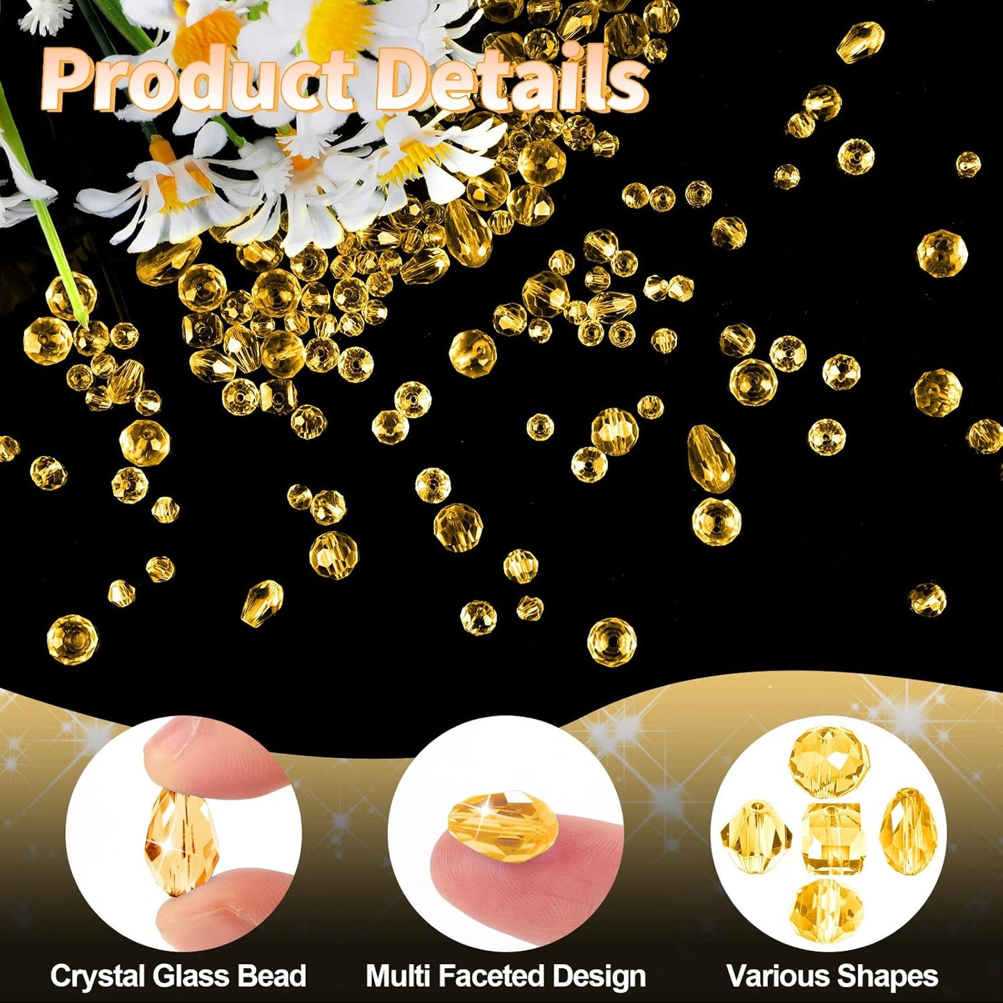 Crystal Beads, 600 Pcs Assorted Glass Beads for Jewelry Making, Rondelle Beads with Container Box, Bulk for DIY Necklace Bracelet Earring (4/6/8mm, Yellow)