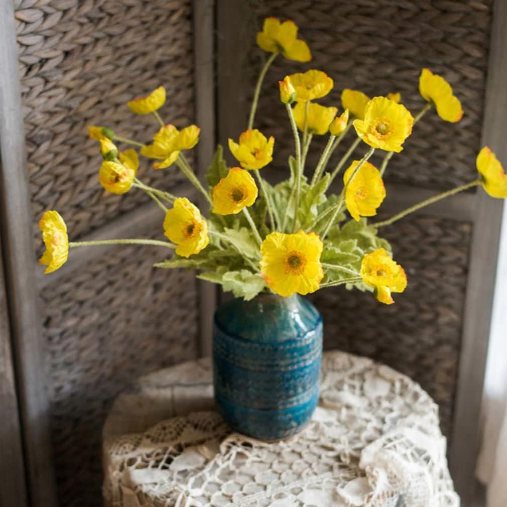 Artificial Flowers 6 Stems Poppy Silk Bouquet,for Wedding, Home, Party Decoration,Table Centerpiece Arrangement(Yellow)