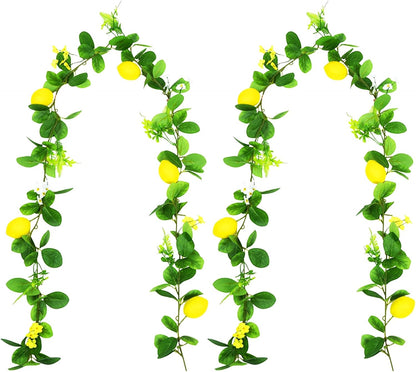 2Pcs Artificial Lemon Vines,Single Fake Lemon Vine is 78.7 Inches Long,Leaf 6.1 Inches,Faux Fruit Vine Garlands with Lemon for Room Door Wall Mantle Wedding Party Table Garden Decorations