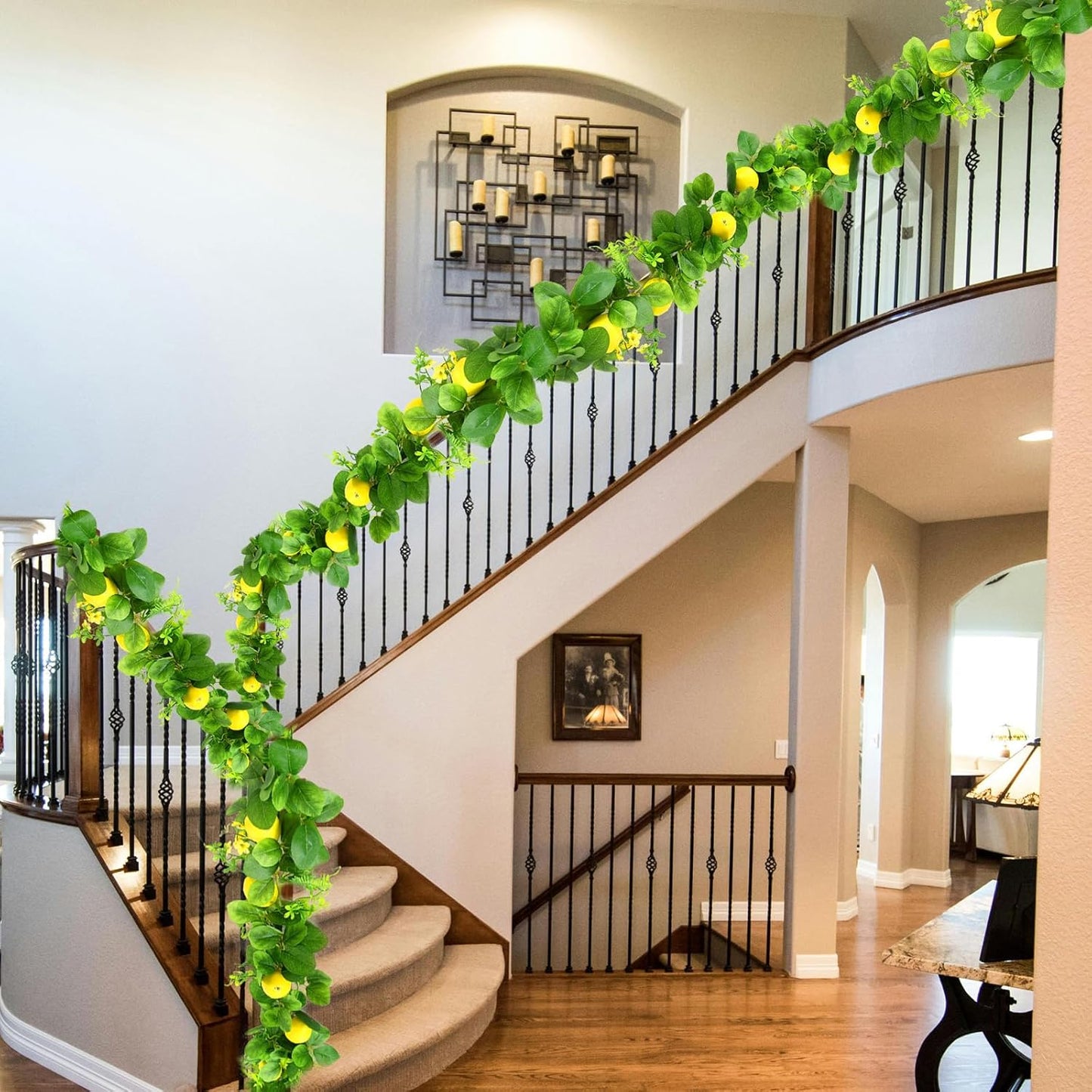 2Pcs Artificial Lemon Vines,Single Fake Lemon Vine is 78.7 Inches Long,Leaf 6.1 Inches,Faux Fruit Vine Garlands with Lemon for Room Door Wall Mantle Wedding Party Table Garden Decorations