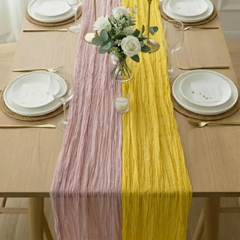 Cheesecloth Table Runner 2 Pack Dusty Pink and Lemon Yellow, Boho Gauze Table Runner 10Ft 120 Inches Long for Wedding Decor, Party & Home Table Decoration