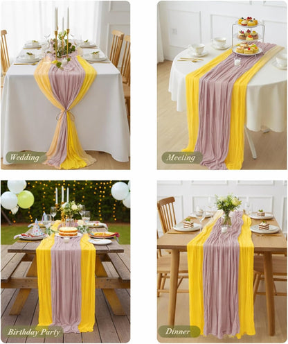 Cheesecloth Table Runner 2 Pack Dusty Pink and Lemon Yellow, Boho Gauze Table Runner 10Ft 120 Inches Long for Wedding Decor, Party & Home Table Decoration