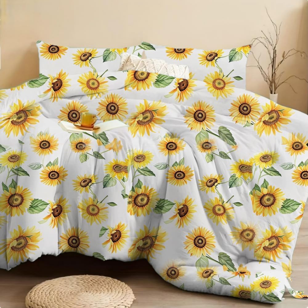 Sunflower Comforter Set Full 3 Pieces, Soft Microfiber Lightweight Sunflower Comforter Full with 2 Pillowcases, Yellow Floral Bedding All Season