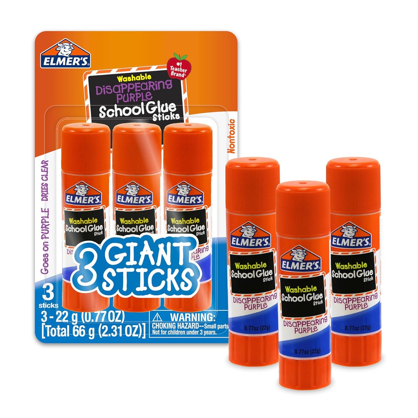 Disappearing Purple School Glue Sticks, Washable, 22 Grams, 3 Count - Poster, Vision Board, Back to School Supplies, #1 Teacher Brand