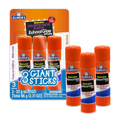 Disappearing Purple School Glue Sticks, Washable, 22 Grams, 3 Count - Poster, Vision Board, Back to School Supplies, #1 Teacher Brand