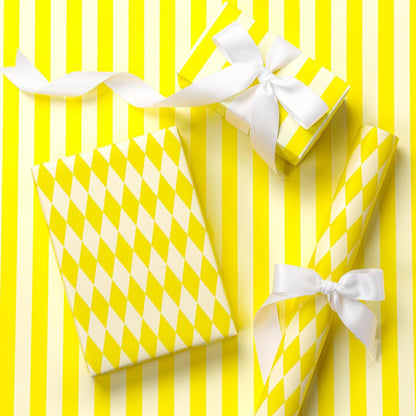 Reversible Wrapping Paper Roll, Mini Roll, Yellow and White Stripes and Diamond Pattern Gift Wrap for Birthday, Wedding, Easter, Spring, Baby Shower, Bridal Shower, 17 Inches x 16.4 Feet