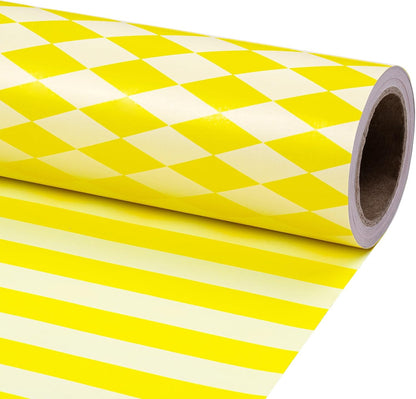 Reversible Wrapping Paper Roll, Mini Roll, Yellow and White Stripes and Diamond Pattern Gift Wrap for Birthday, Wedding, Easter, Spring, Baby Shower, Bridal Shower, 17 Inches x 16.4 Feet