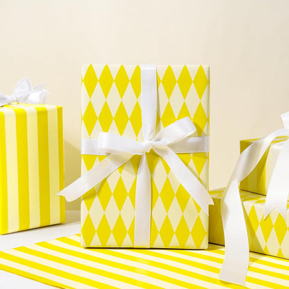 Reversible Wrapping Paper Roll, Mini Roll, Yellow and White Stripes and Diamond Pattern Gift Wrap for Birthday, Wedding, Easter, Spring, Baby Shower, Bridal Shower, 17 Inches x 16.4 Feet