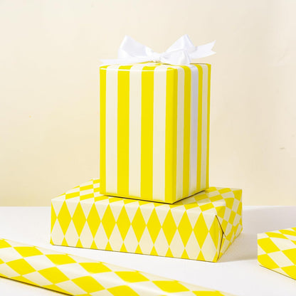 Reversible Wrapping Paper Roll, Mini Roll, Yellow and White Stripes and Diamond Pattern Gift Wrap for Birthday, Wedding, Easter, Spring, Baby Shower, Bridal Shower, 17 Inches x 16.4 Feet
