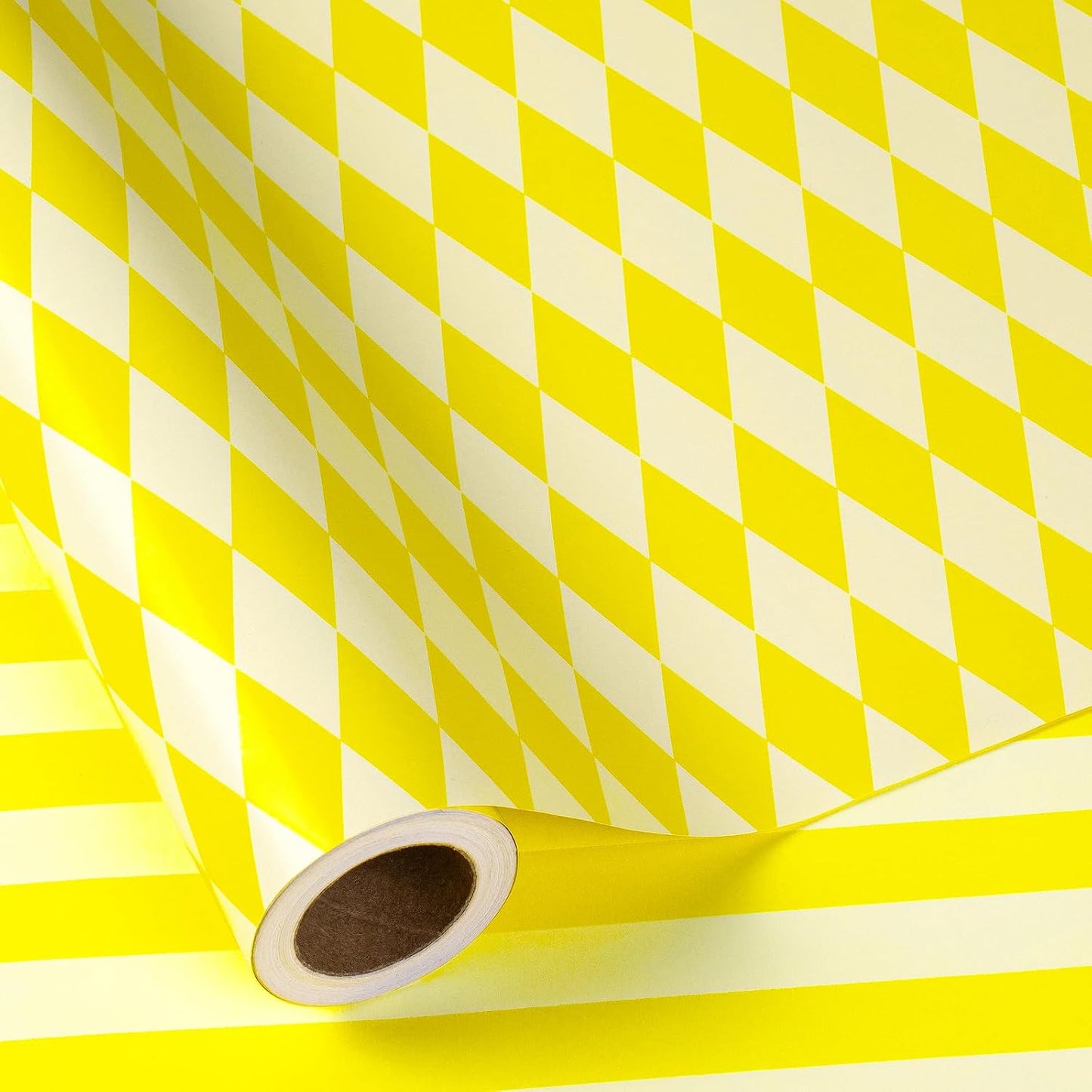 Reversible Wrapping Paper Roll, Mini Roll, Yellow and White Stripes and Diamond Pattern Gift Wrap for Birthday, Wedding, Easter, Spring, Baby Shower, Bridal Shower, 17 Inches x 16.4 Feet