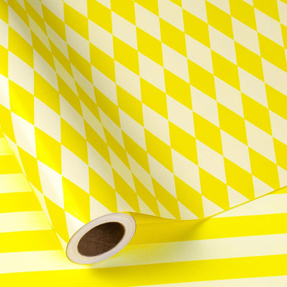 Reversible Wrapping Paper Roll, Mini Roll, Yellow and White Stripes and Diamond Pattern Gift Wrap for Birthday, Wedding, Easter, Spring, Baby Shower, Bridal Shower, 17 Inches x 16.4 Feet