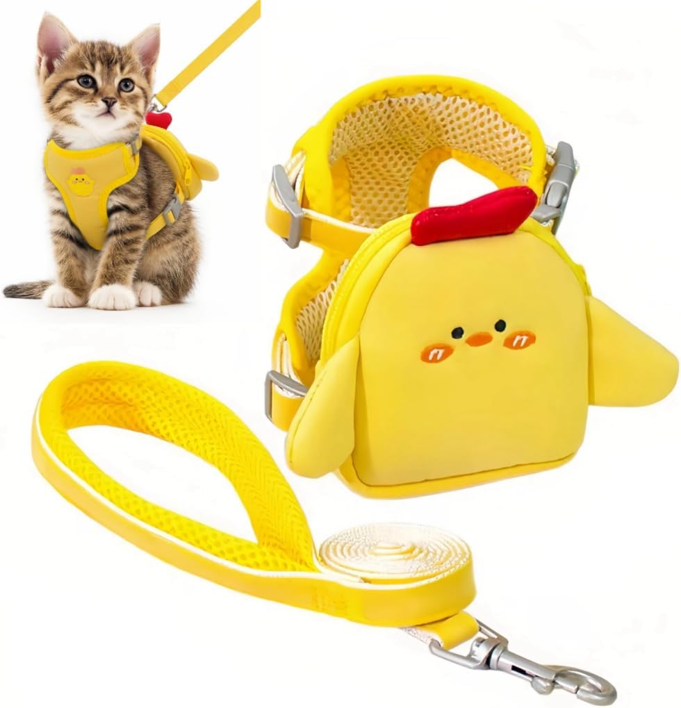 Pet Harness Leash and Vest with Cute Backpack for Small Dogs & Cats-No Pull Step-in Breathable 3D Mesh Secure with Hook & Loop Fastener Buckles D-Rings for Puppies Kitties Bunnies-Yellow-M