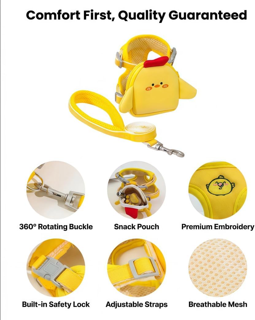 Pet Harness Leash and Vest with Cute Backpack for Small Dogs & Cats-No Pull Step-in Breathable 3D Mesh Secure with Hook & Loop Fastener Buckles D-Rings for Puppies Kitties Bunnies-Yellow-M