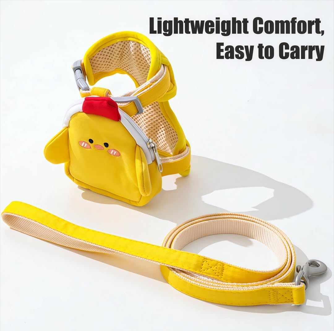 Pet Harness Leash and Vest with Cute Backpack for Small Dogs & Cats-No Pull Step-in Breathable 3D Mesh Secure with Hook & Loop Fastener Buckles D-Rings for Puppies Kitties Bunnies-Yellow-M