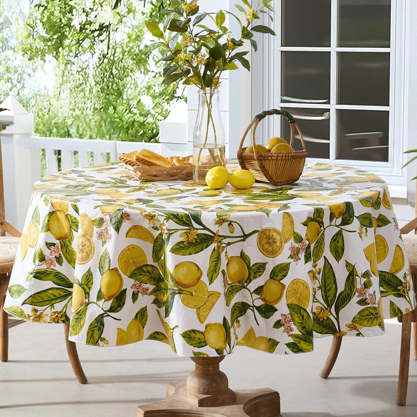 Zesty Lemons Vinyl Tablecloth Flannel Backing, 70 Inch Round | French Country Lemon Vine Print, Easy Care Wipe Clean, Indoor Outdoor Table Cover