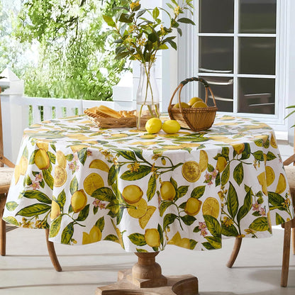 Zesty Lemons Vinyl Tablecloth Flannel Backing, 70 Inch Round | French Country Lemon Vine Print, Easy Care Wipe Clean, Indoor Outdoor Table Cover