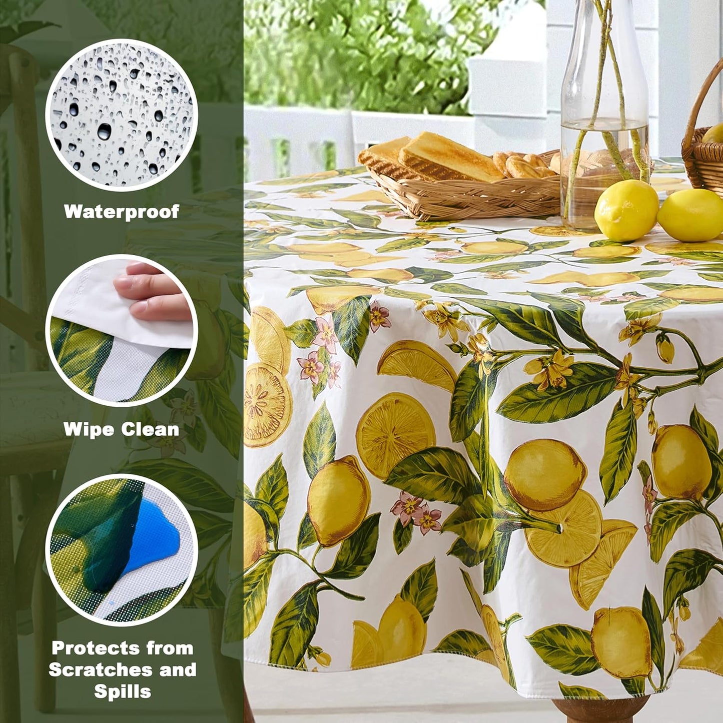 Zesty Lemons Vinyl Tablecloth Flannel Backing, 70 Inch Round | French Country Lemon Vine Print, Easy Care Wipe Clean, Indoor Outdoor Table Cover