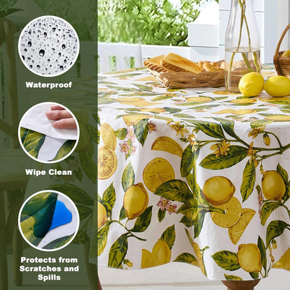 Zesty Lemons Vinyl Tablecloth Flannel Backing, 70 Inch Round | French Country Lemon Vine Print, Easy Care Wipe Clean, Indoor Outdoor Table Cover