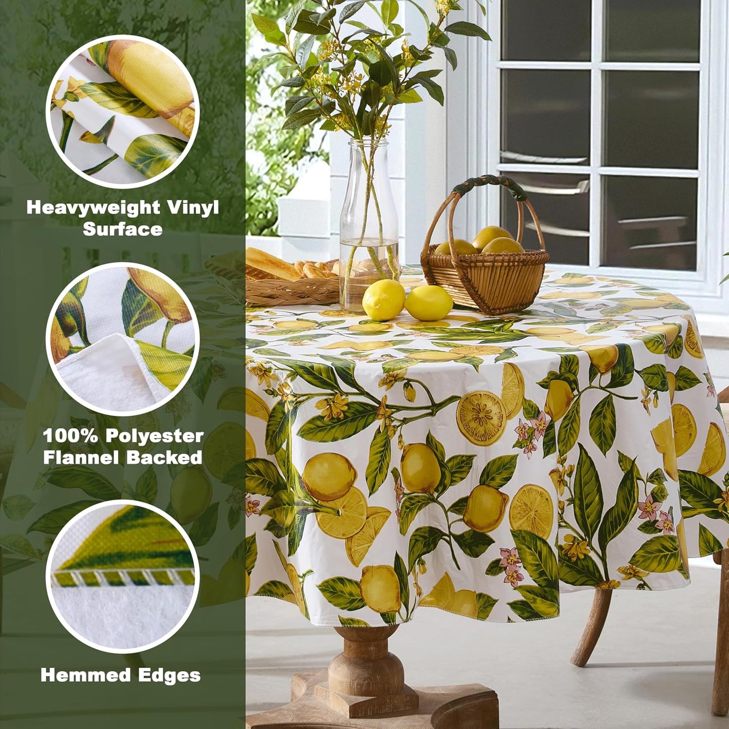 Zesty Lemons Vinyl Tablecloth Flannel Backing, 70 Inch Round | French Country Lemon Vine Print, Easy Care Wipe Clean, Indoor Outdoor Table Cover