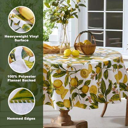 Zesty Lemons Vinyl Tablecloth Flannel Backing, 70 Inch Round | French Country Lemon Vine Print, Easy Care Wipe Clean, Indoor Outdoor Table Cover
