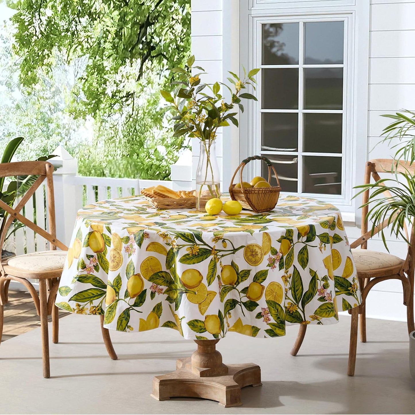 Zesty Lemons Vinyl Tablecloth Flannel Backing, 70 Inch Round | French Country Lemon Vine Print, Easy Care Wipe Clean, Indoor Outdoor Table Cover