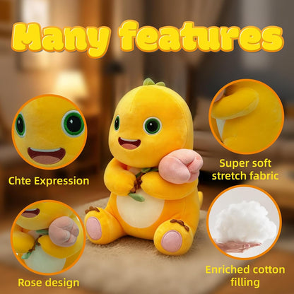 35cm Dinosaur Plush Pillow with Flower Cute Dinosaur Stuffed Animal, Soft Yellow Dino Plush Doll, Kawaii Plush Pillow for Home Decoration