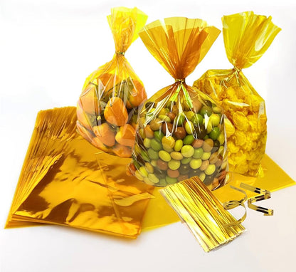 Yellow Cellophane Treat Bags with Gold Twist Ties, 100PC 6x9 inches (15x23 cm) Clear Cellophane Bags for Candy,Cookies Treats and Gifts,Party Supplies